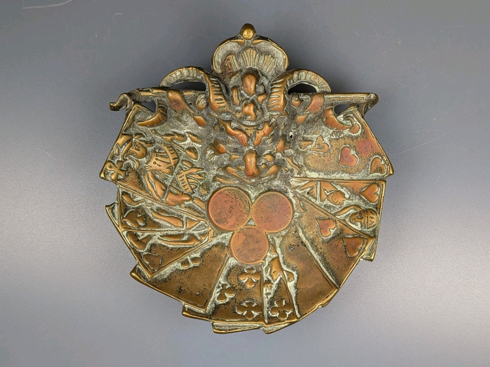 Antique c1920s Cast Brass Devil Cards Dish Ashtray Antique c1920s Cast Brass Devil Cards Dish Ashtray