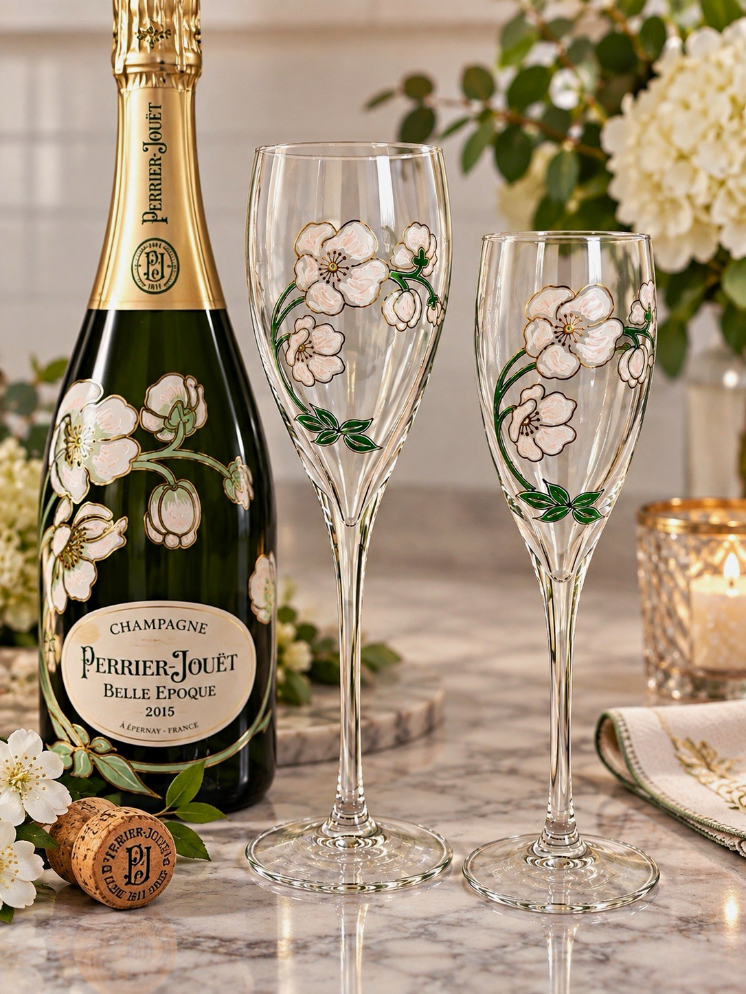 Vintage Perrier Jouet Belle Epoque Floral Champagne Flutes Set of 2