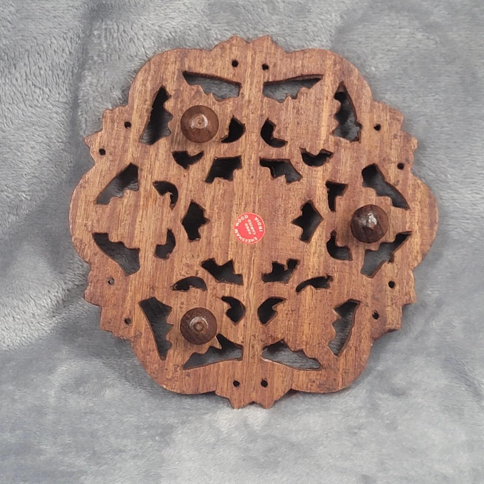 Vintage Hand Carved Sheesham Wood Trivet Hot Pad 5.75 Inch Floral Decorative Art