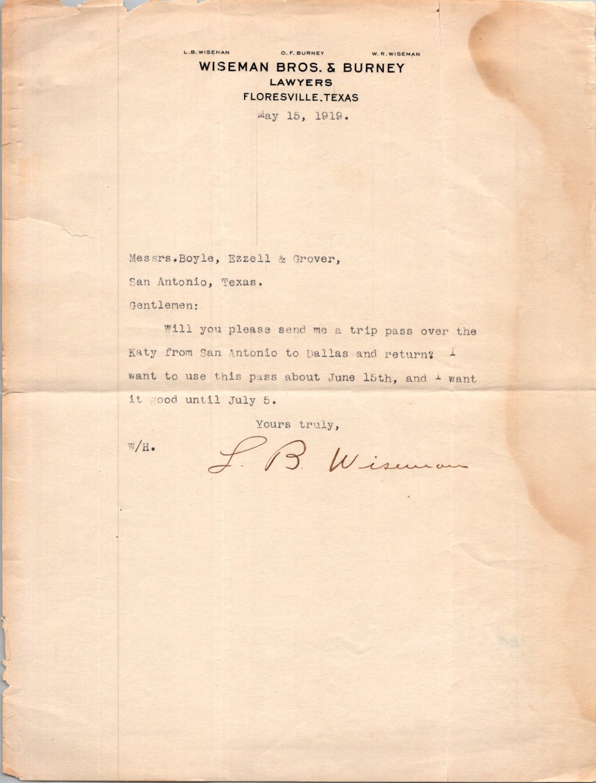 Wiseman Bros. & Burney Lawyers Floresville 1919 Antique Letterhead Billhead 5A1