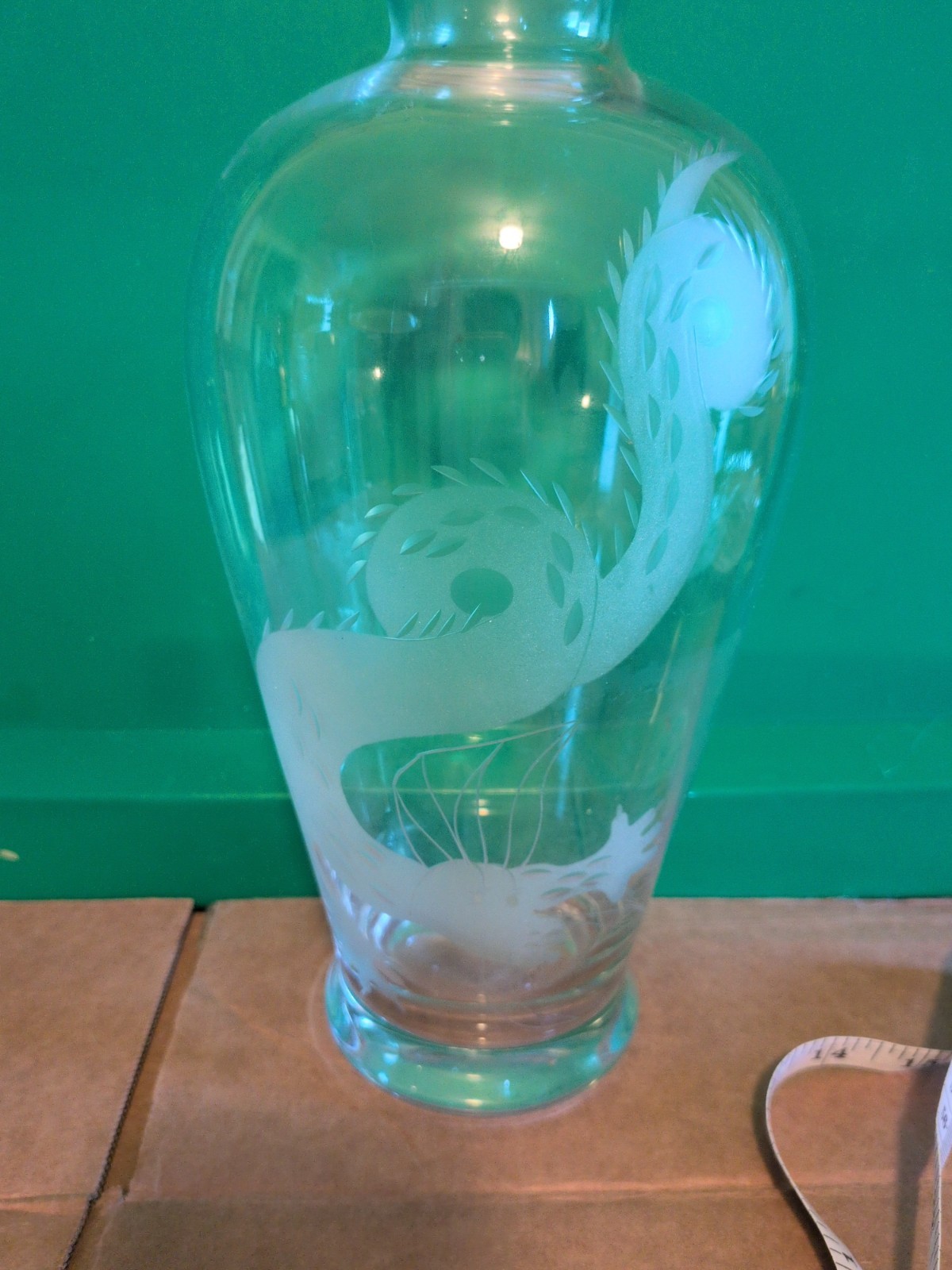 11 Inch Etched Glass Dragon Vase