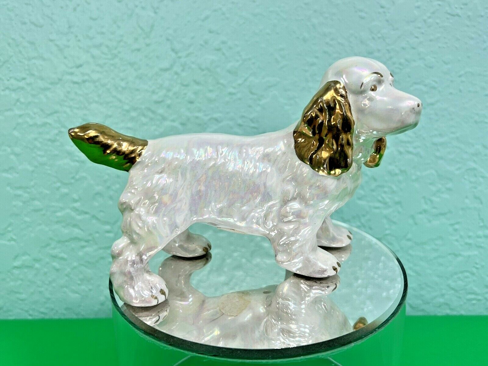 Cocker Spaniel Dog in White and Gold Pearl Lusterware Iridescent Very Pretty  