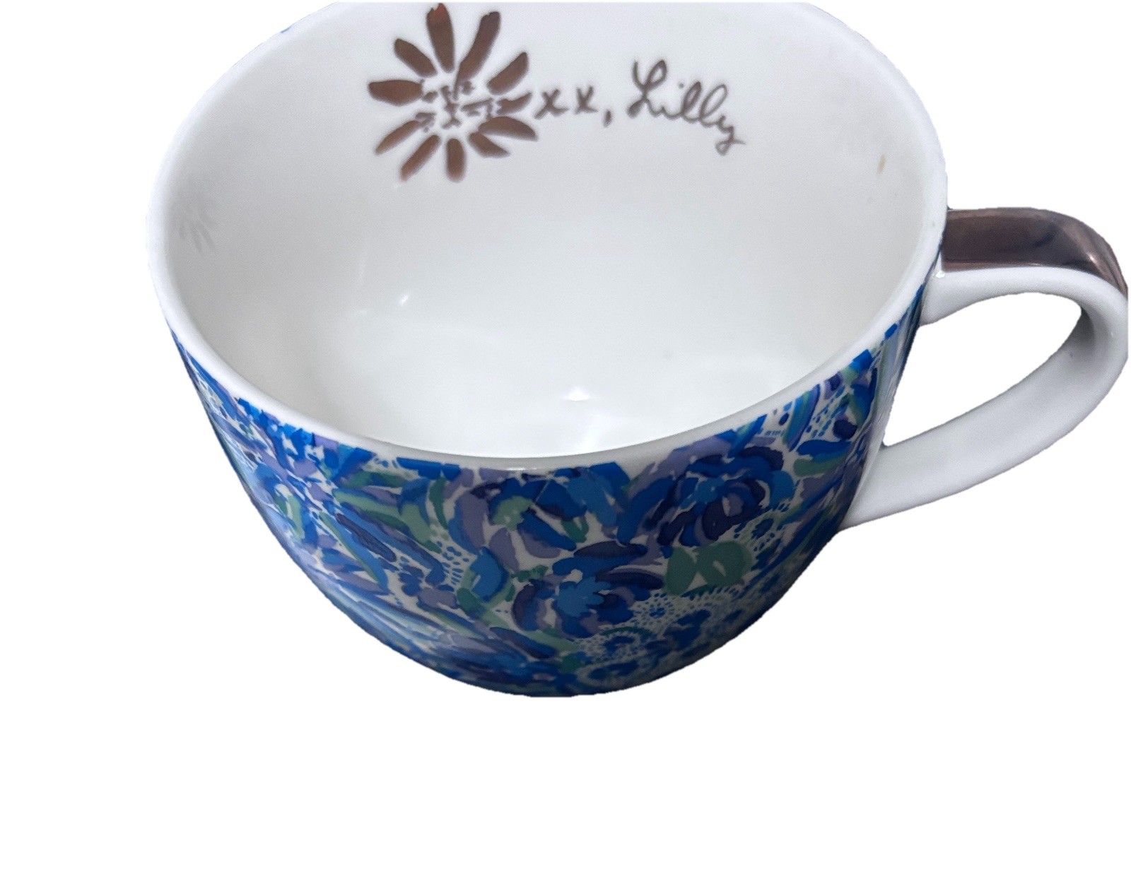 Lilly Pulitzer Ceramic Soup Mug Jumbo Latte Cup Blue Floral Paisley Gold