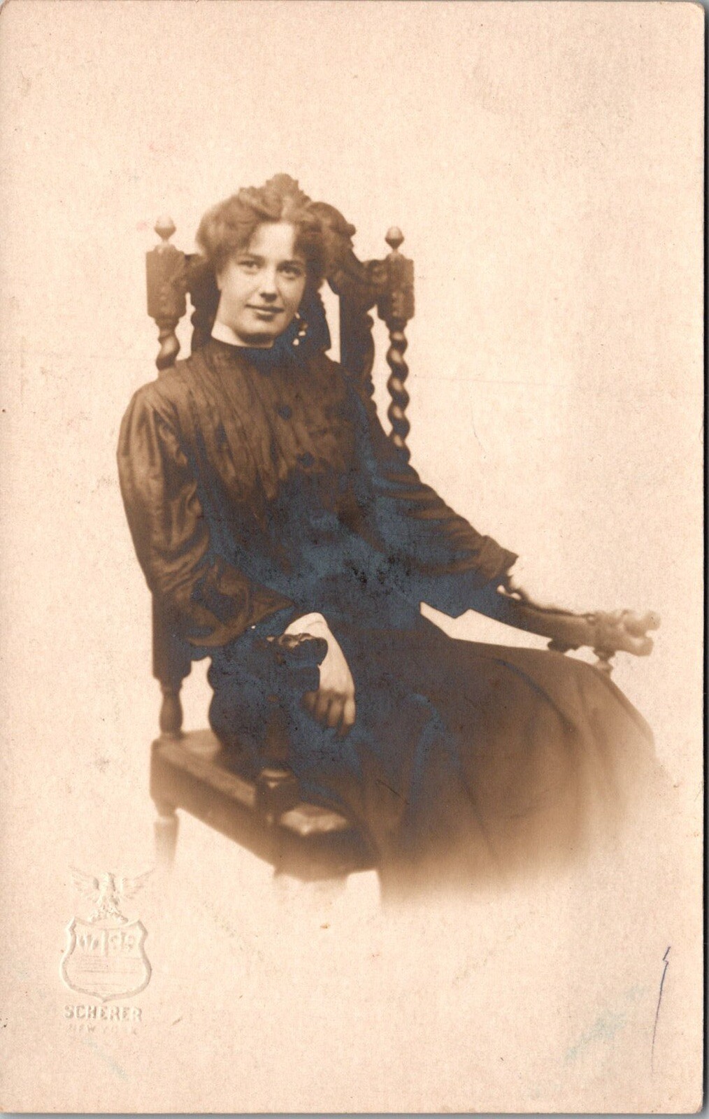 RPPC Postcard~Woman~Well Dressed~Vintage~Craved Chair~New York Studio KB22 RPPC Postcard~Woman~Well Dressed~Vintage~Craved Chair~New York Studio KB22