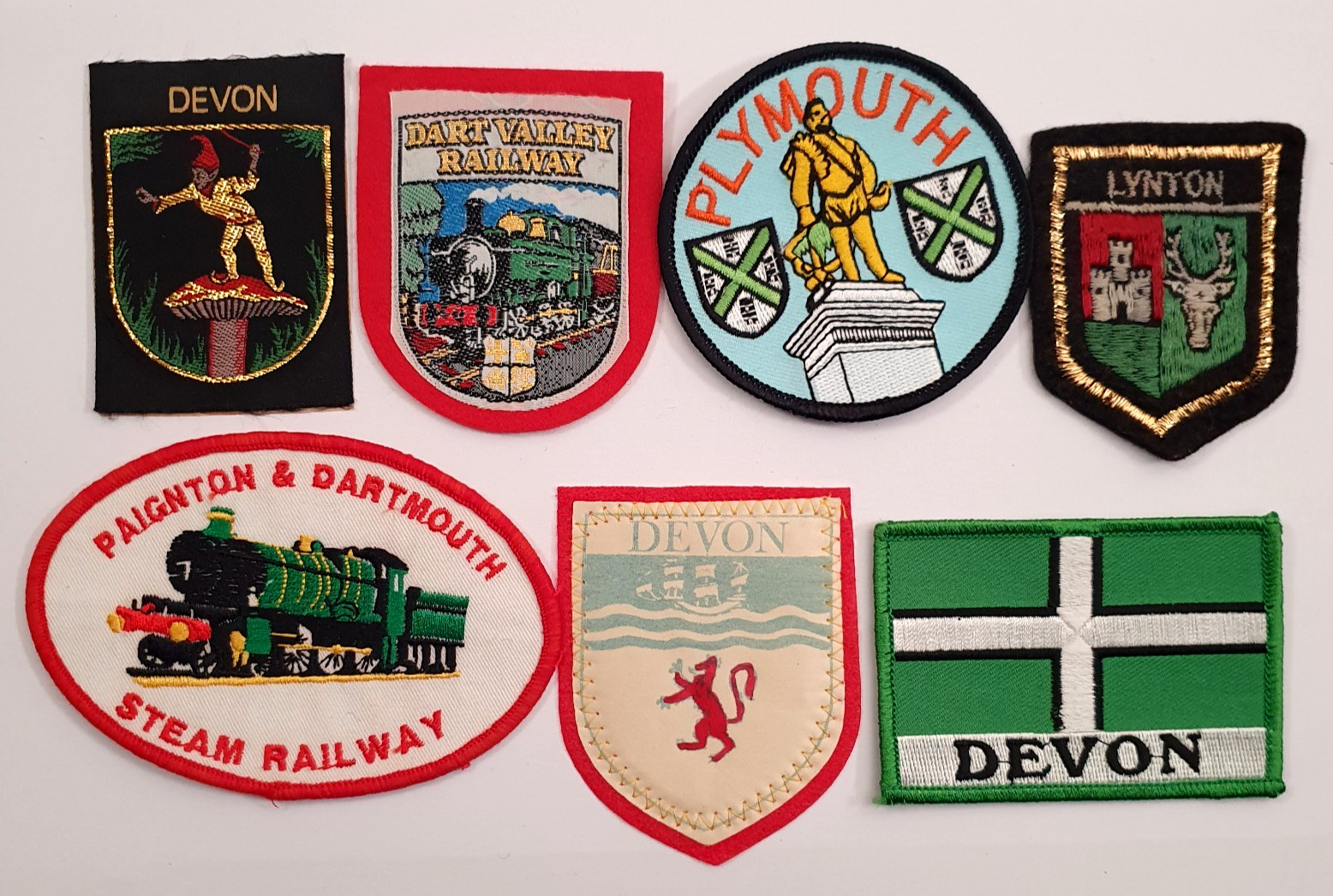 7 x Devon Region Vintage Souvenir Tourist Badges Patches. Holidays. Plymouth etc