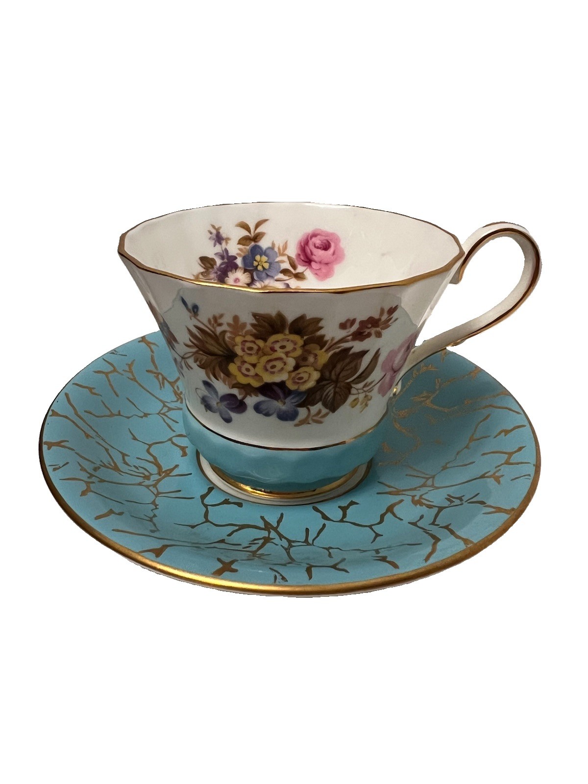 Vtg. Aynsley Teacup and Saucer. Turquise Aqua Gold Floral Chintz Fine Bone China