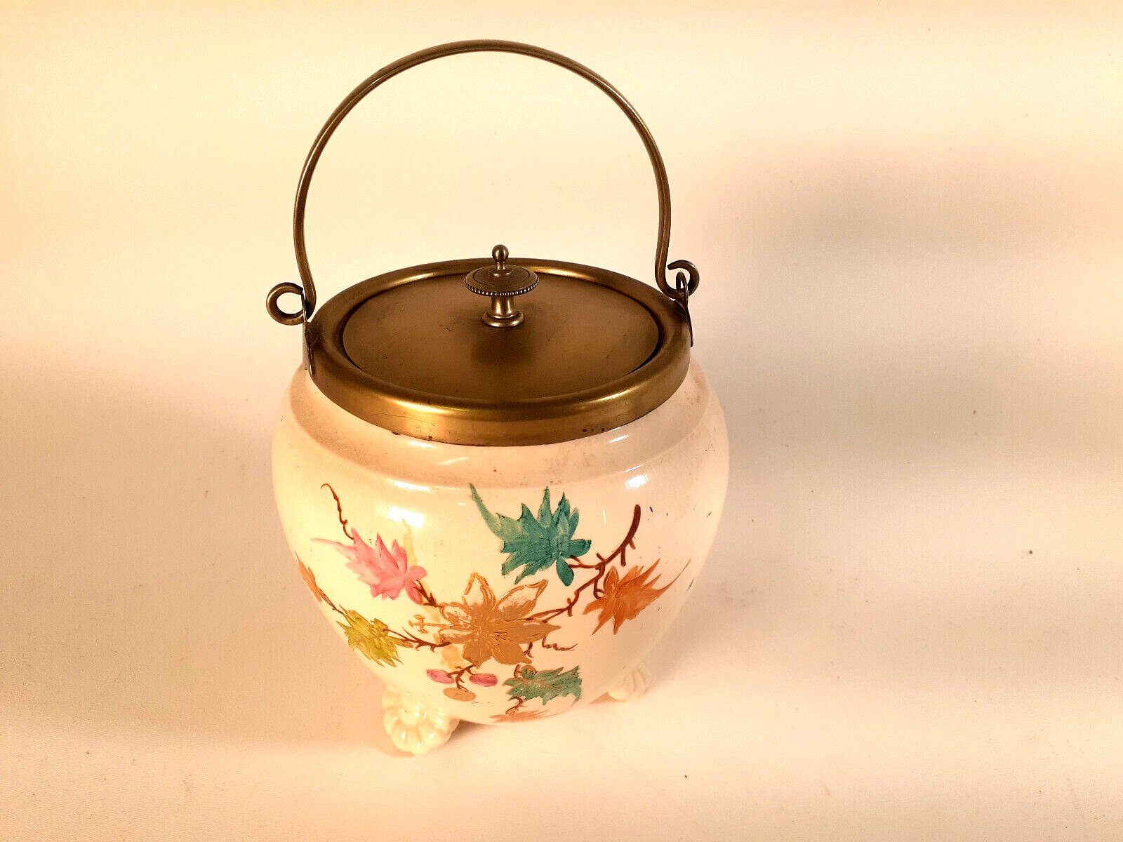 Antique Handpainted Ceramic Biscuit Jar with Silverplated Handle and Lid