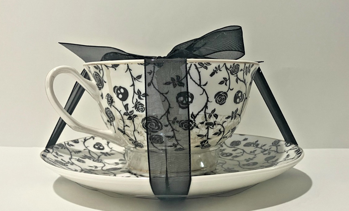 Halloween Park Chateau Skulls, Vines, and Roses Tea Cup And Saucer Set- New Halloween Park Chateau Skulls, Vines, and Roses Tea Cup And Saucer Set- New