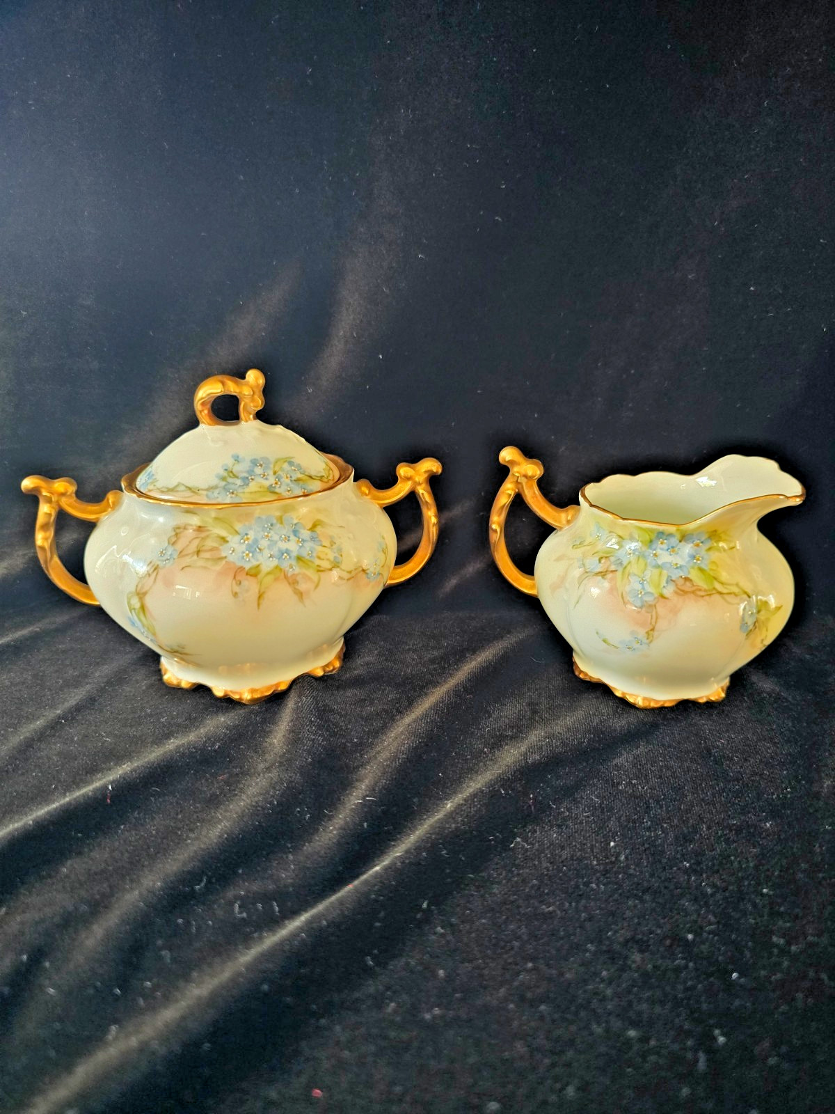 Antique JPL Limoges Sugar Creamer Set, Hand-Painted Forget-Me-Not Flowers,