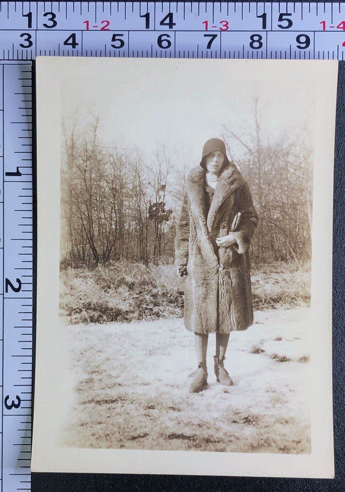 1929 Young Woman Wearing Fur Coat Fashion Shoes BW Photo Snapshot