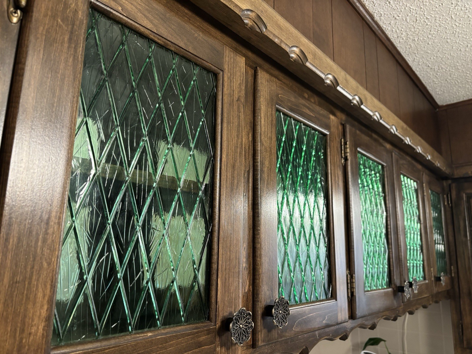 Vtg MCM Green Pattern Glass Cabinet Door Wood Frame Window Shutter Salvage 1970s