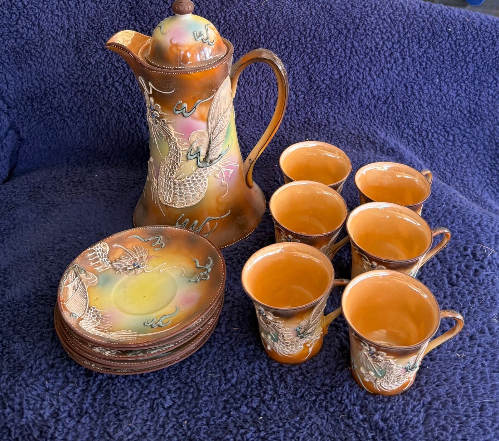 13 pc VTG Japanese Moriage Dragonware Chocolate Pot Tea Set Lusterware Orange 13 pc VTG Japanese Moriage Dragonware Chocolate Pot Tea Set Lusterware Orange