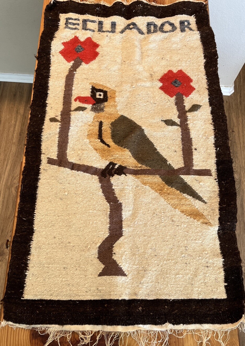ECUADOR Woven Wool Rug Tapestry Bird Flowers 24” X 42” Handmade Rain Forest