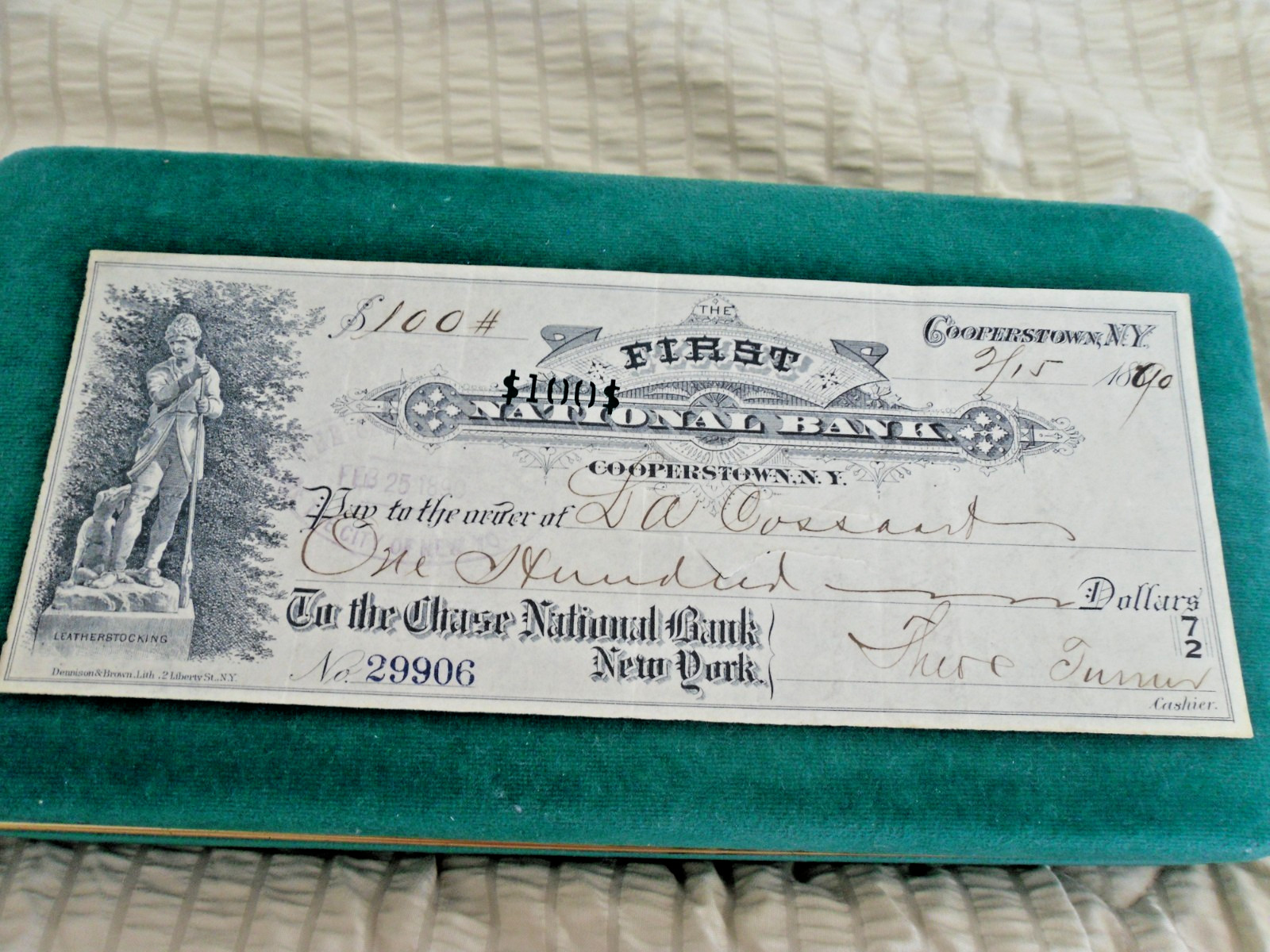 1890 First National Bank Cooperstown NY Canceled Check #29906 $100 DOLLARS