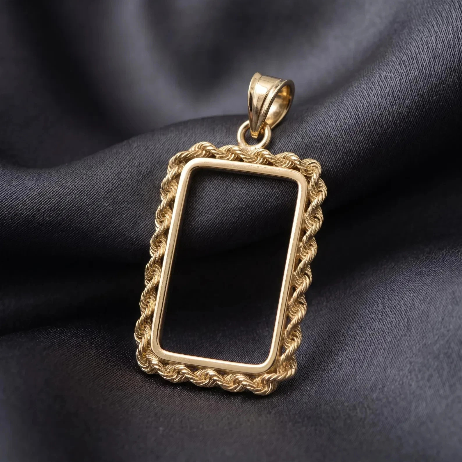 Rope Edge Bezel Bar Frame Pendant In 14k Yellow Gold Plated (No Chain)