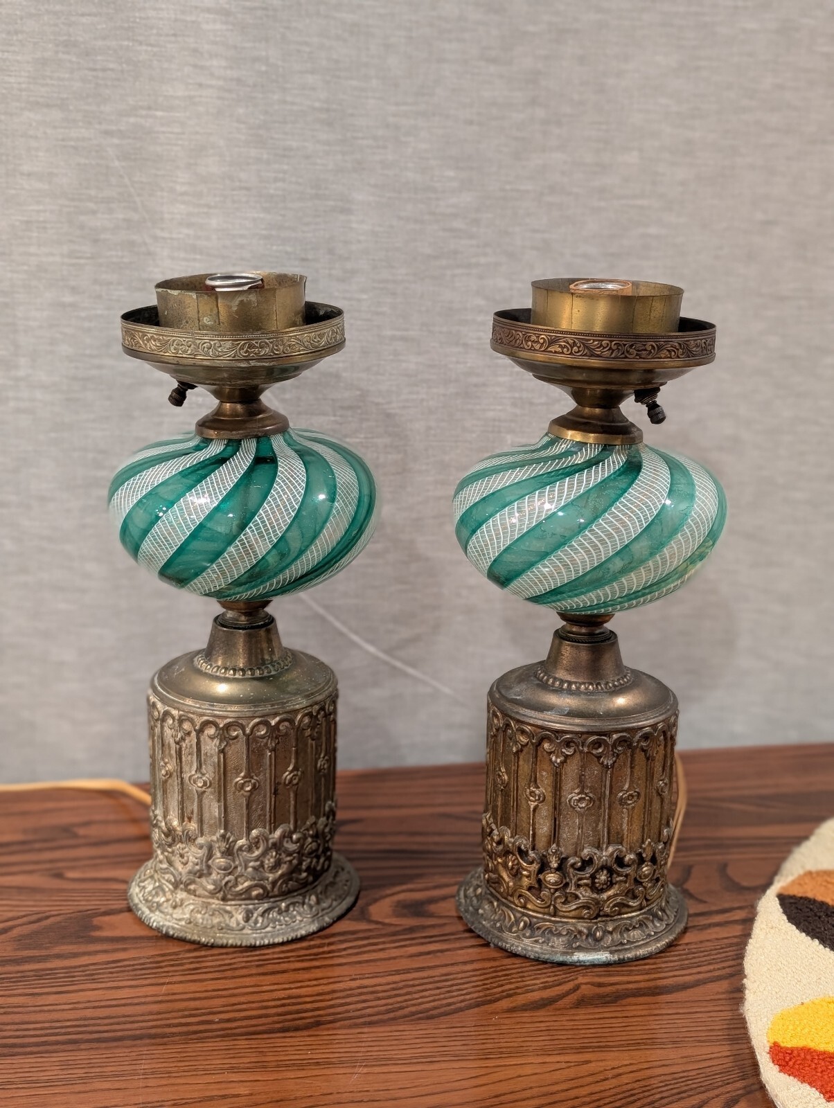 VTG Pair Italian Murano Glass & Brass Boudoir Lamps Green Latticino Paul’s Gifts