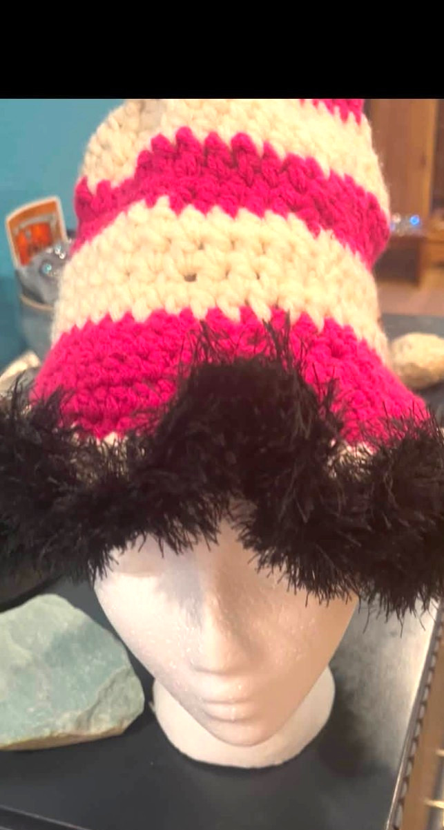 Hand Crochet Witch Made Pink White Black Boho Halloween SIZE SMALL Hat