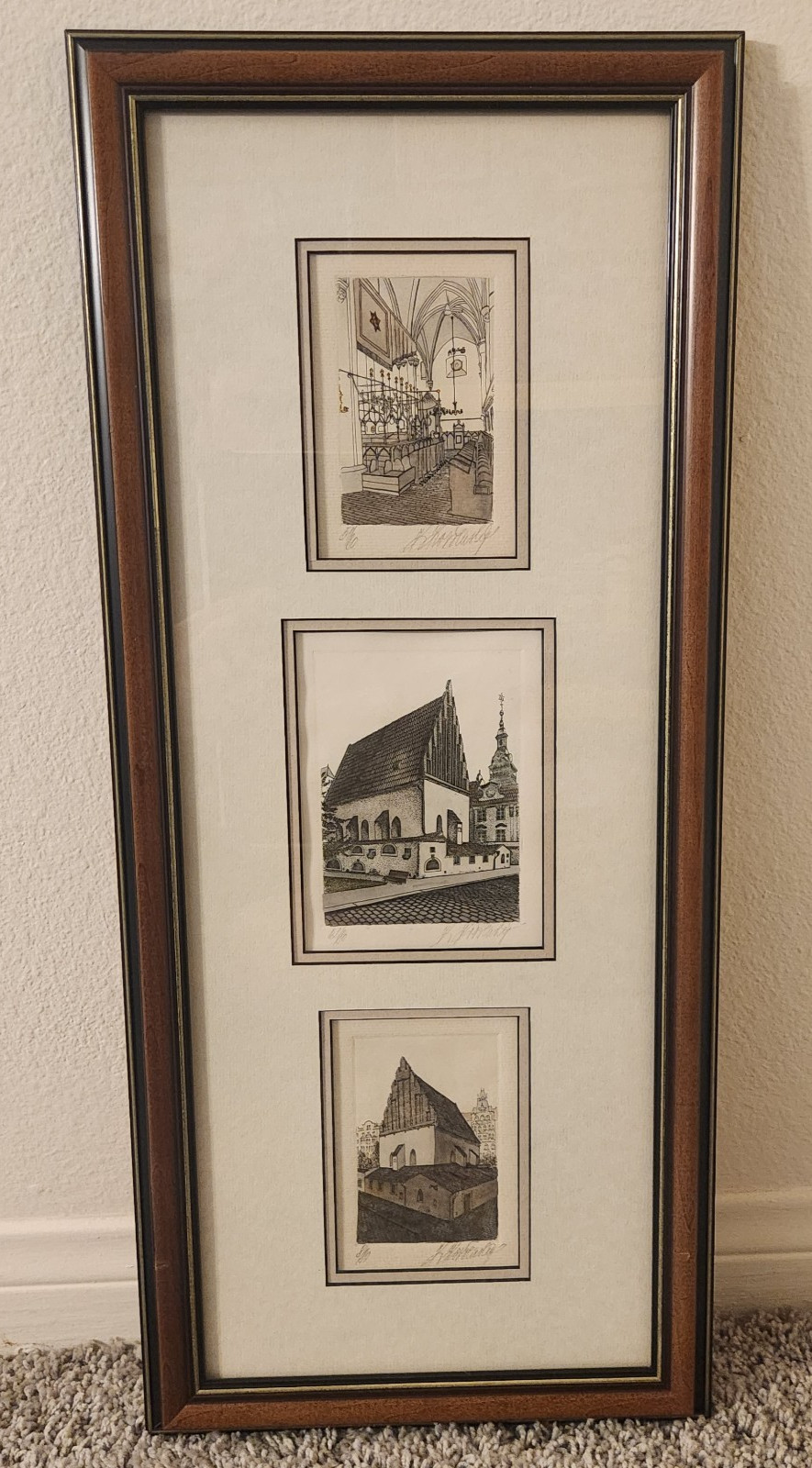 Prague Old New Synagogue Judaica Signed Numbered Prints Triptych Framed Historic