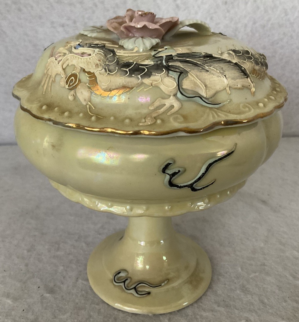Vintage Japan Moriage Dragonware Footed Compote Candy Dish w Lid