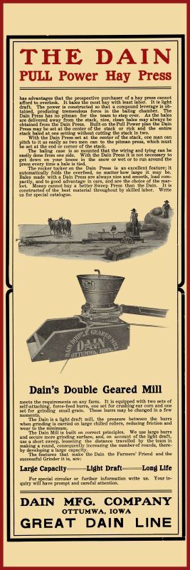 1907 Dain Pull Power Hay Press of Ottumwa, Iowa New Metal Sign: 6 x 18