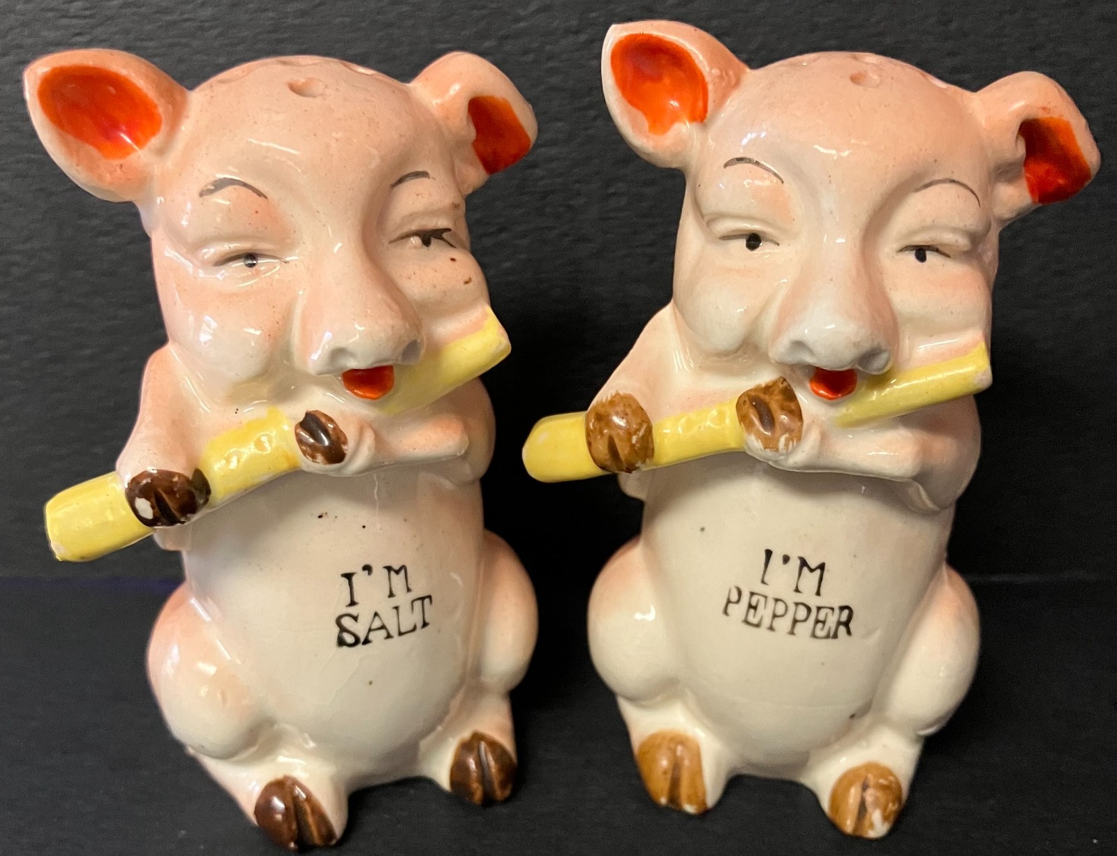 Vintage '50s - Pigs Playing Flutes - Ceramic  - Salt & Pepper Shakers - Japan