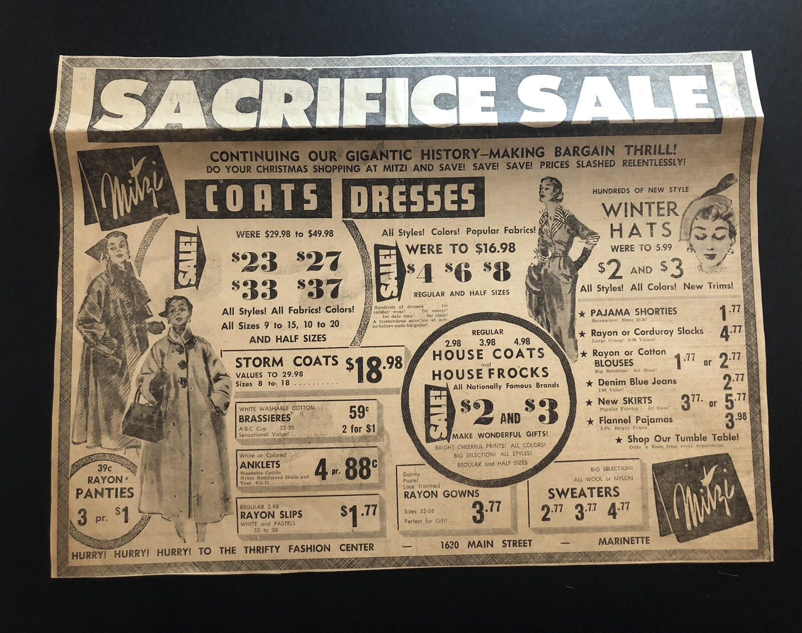 1950’s Women’s Fashion Wisconsin Retail Store Vintage Prices Newspaper Ad