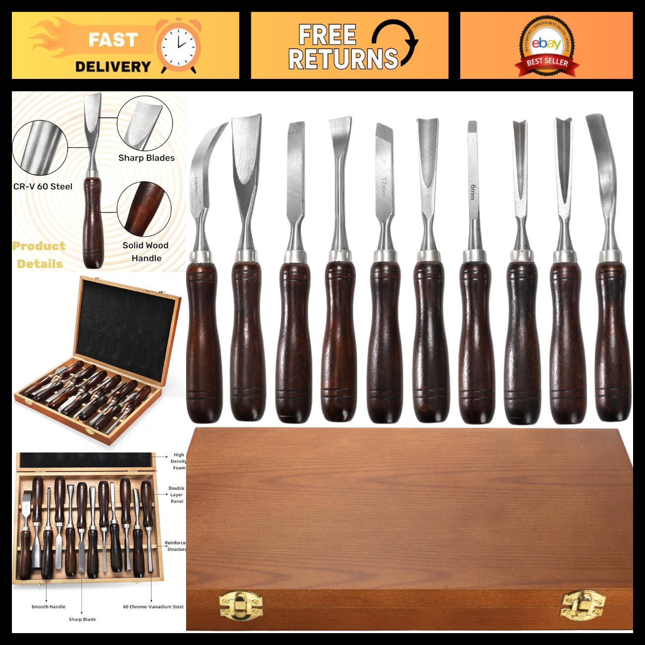 12-Piece Wood Chisel Set for Woodworking, Carving Tools with Wooden Storage Box