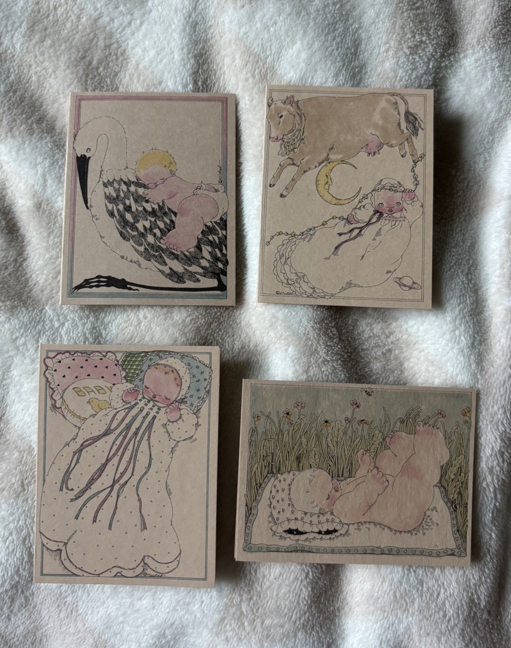 Vintage Michel & Co Lot of 4 Unused Mini Tan Notecards Whimsical Baby Birth Cute