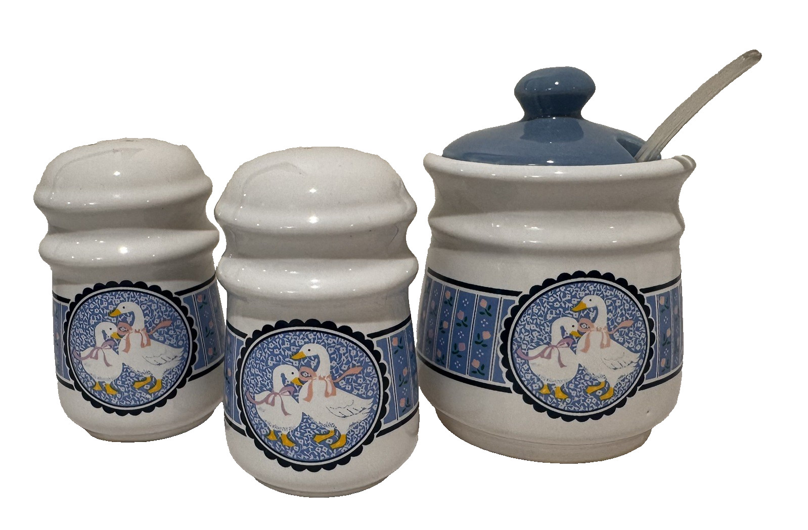 Vntg set 3 Country Goose Duck Jam Sugar Pot Crock Salt Pepper Shakers Ribbon S&P Vntg set 3 Country Goose Duck Jam Sugar Pot Crock Salt Pepper Shakers Ribbon S&P