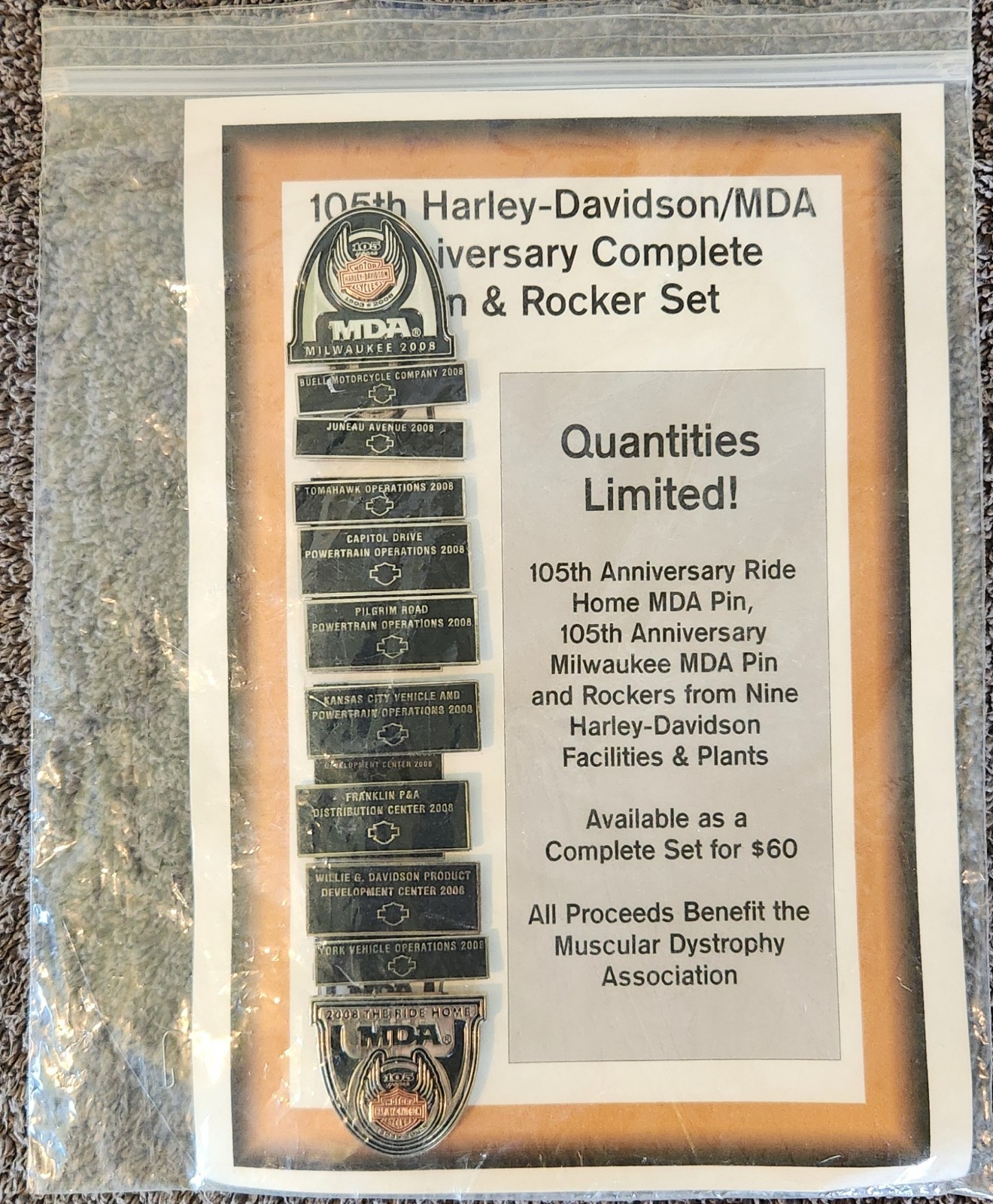 Harley Davidson 105th Anniversary/MDA Complete Pin & Rocker Set - (NEW)