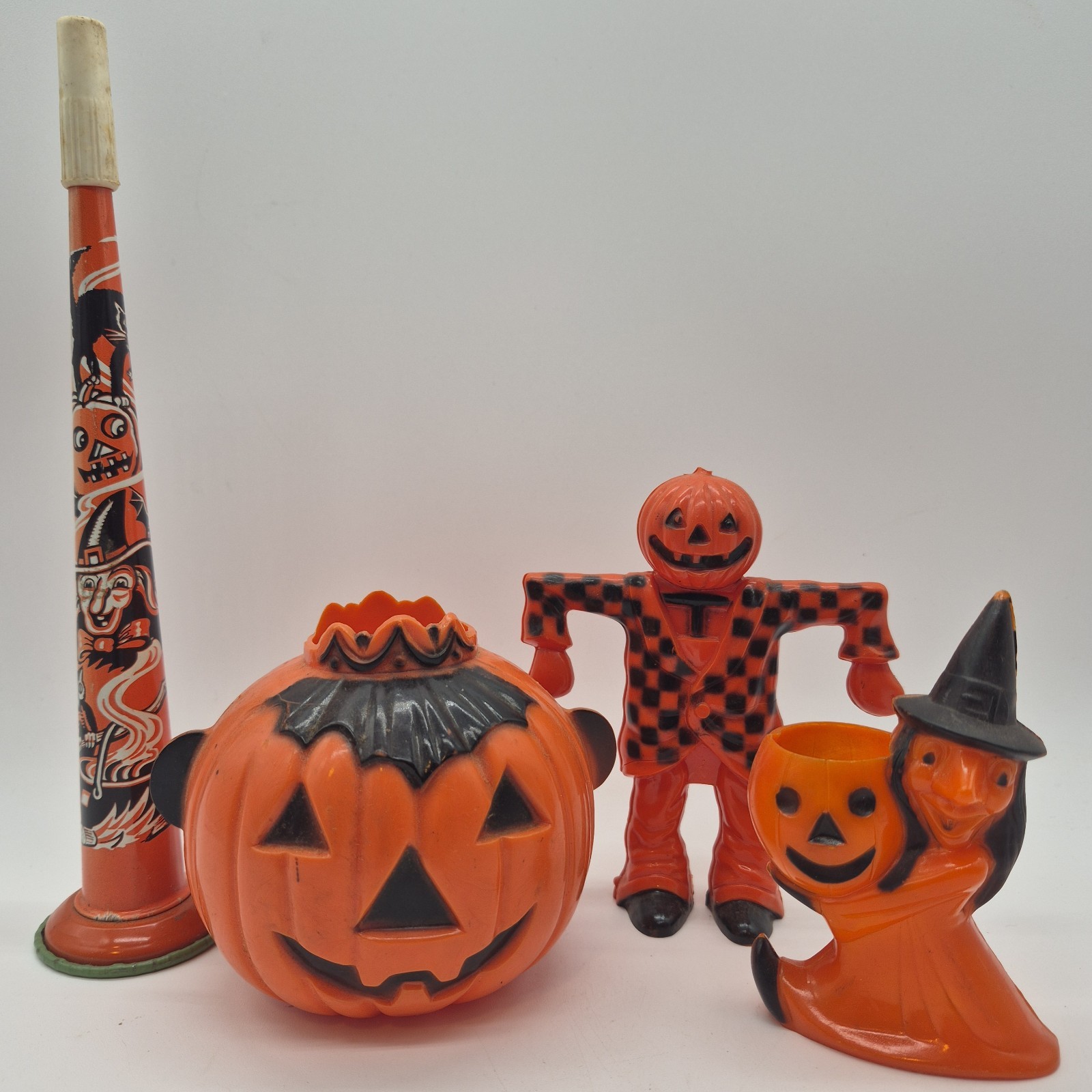 Vintage Halloween LOT-Rosbro Witch, Checkered Scarecrow, Jackolantern Queen, Tin