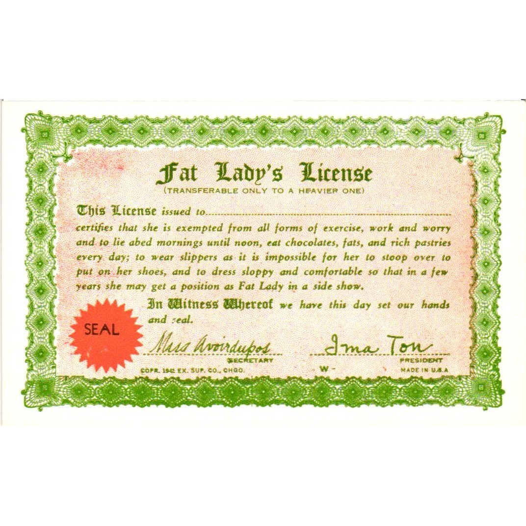 Vintage 1945 Fat Lady's License Novelty Certificate Ex Sup Co Chicago Humorous