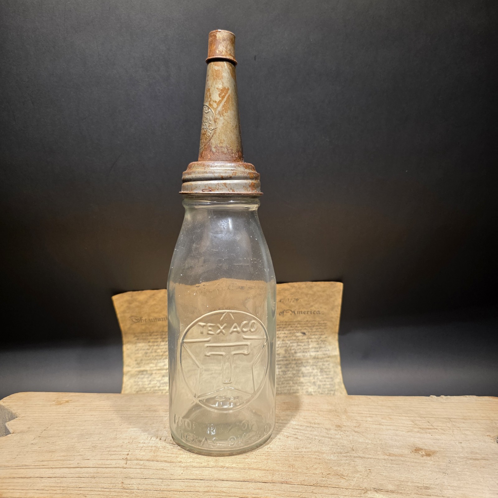 1930s Style Glass Texaco Oil Bottle w Spout