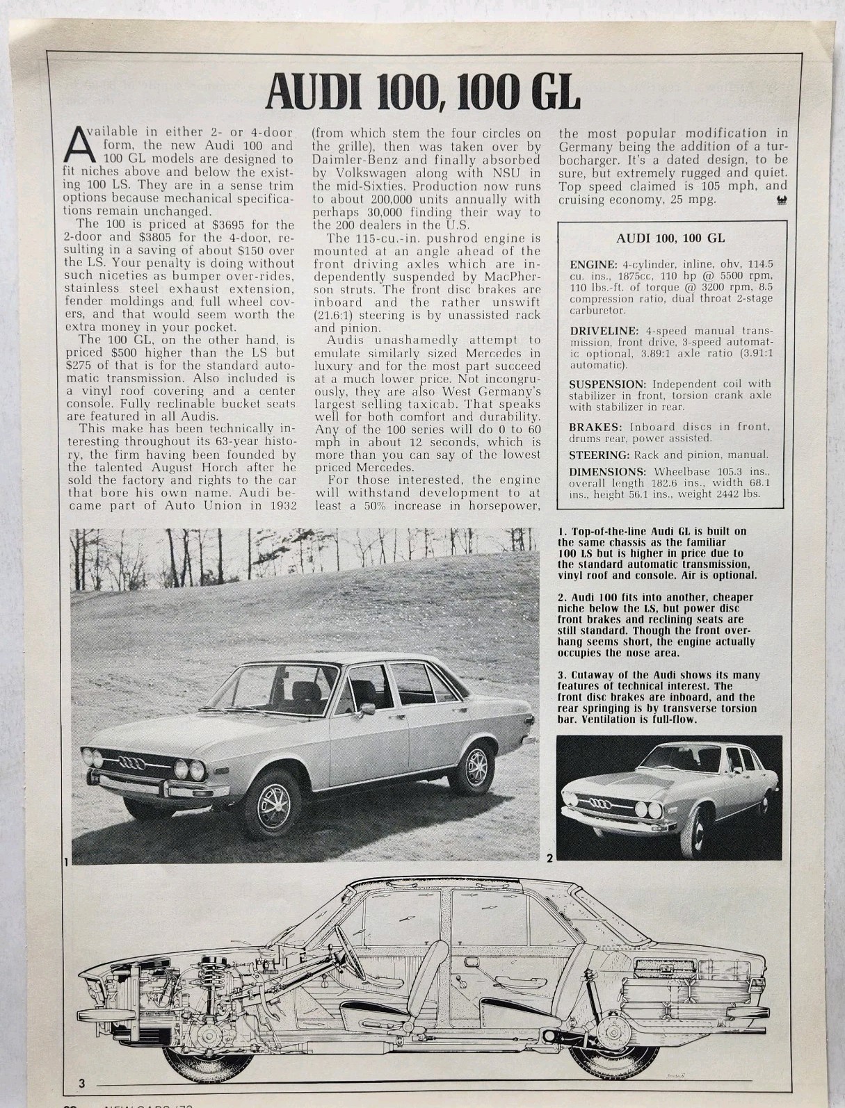 1973 Audi 100 GL Retro Original Print Ad Article New Cars Magazine 1970s