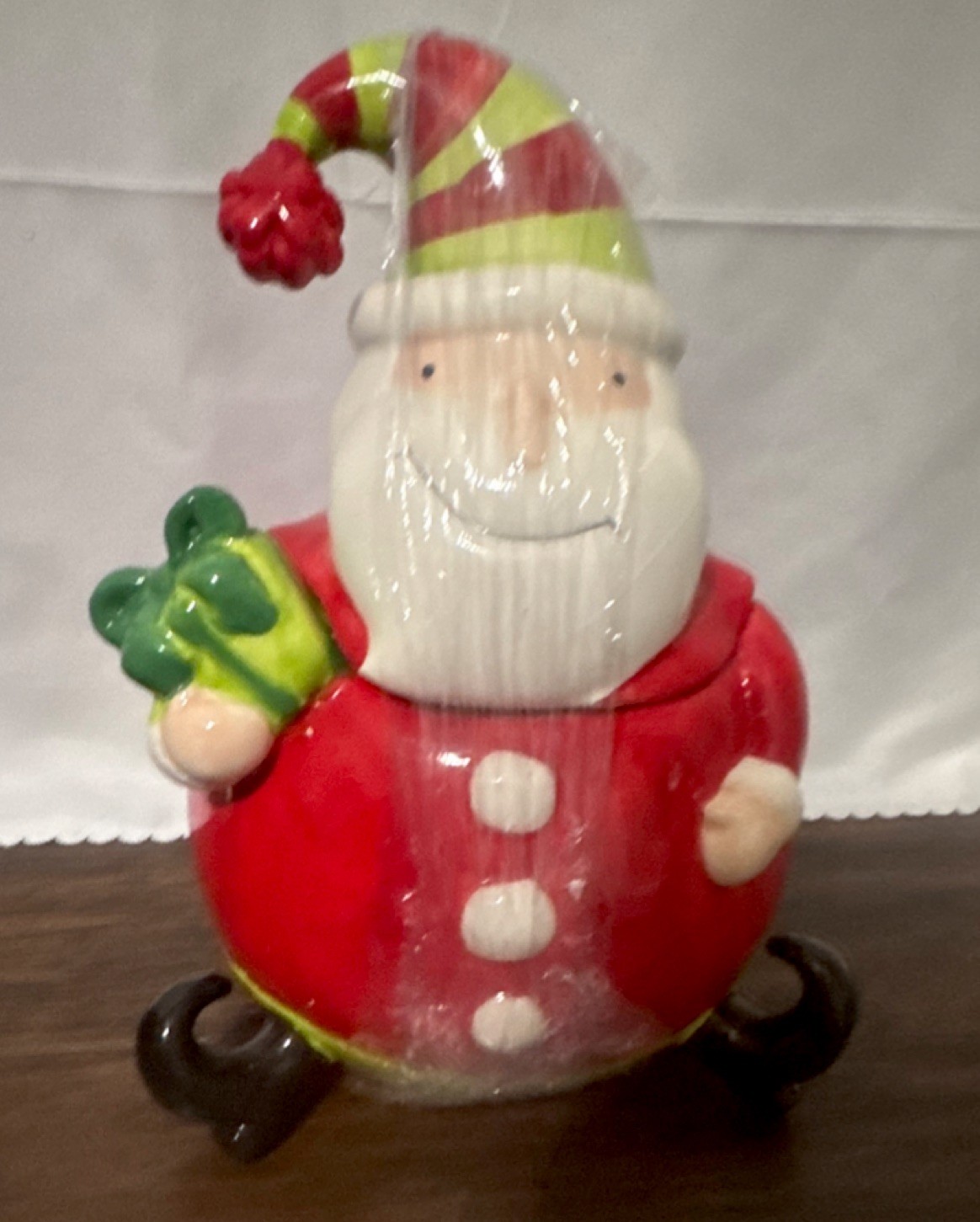 Santa Claus Ceramic Cookie Jar Red Green Christmas Holiday Novelty With Lid