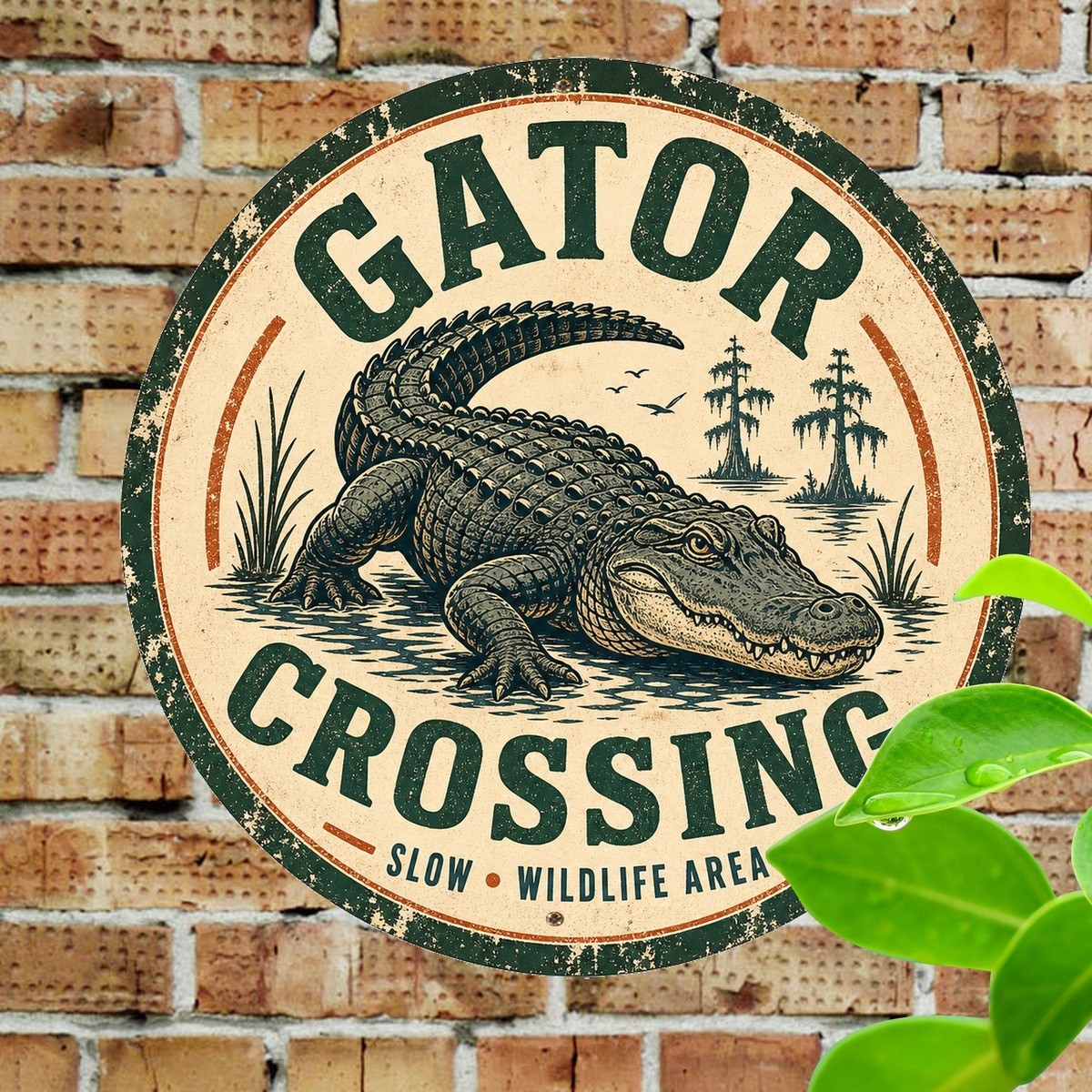 Alligator Crossing Danger Weatherproof Round Metal Sign Swamp Yard Plaque