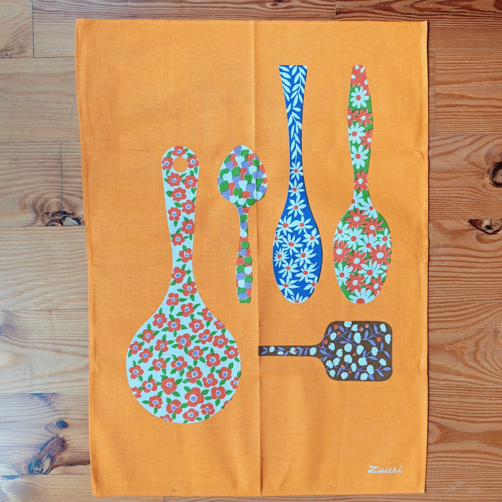 Vintage Zucchi Tea Towel Wall Art Linen Spoons Flowers MCM Italy Made NOS NEW