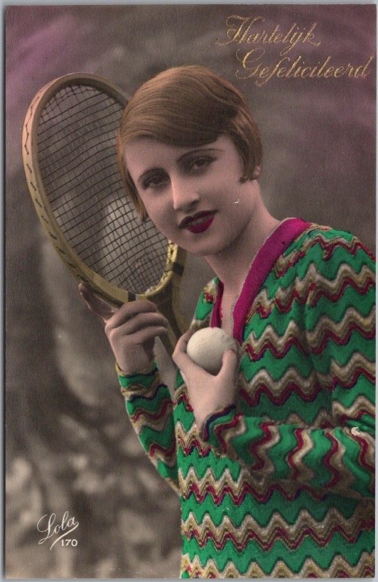 Vintage 1910s French PRETTY LADY Tinted Photo Postcard Tennis Racket / UNUSED