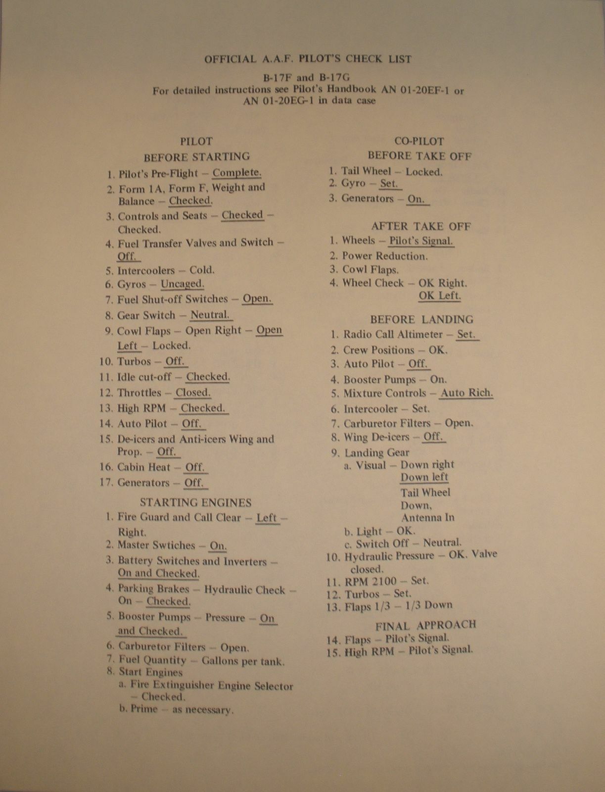 Boeing B-17F & G Flying Fortress 2-sided Paper Checklist WW II Aviation CKL-0108