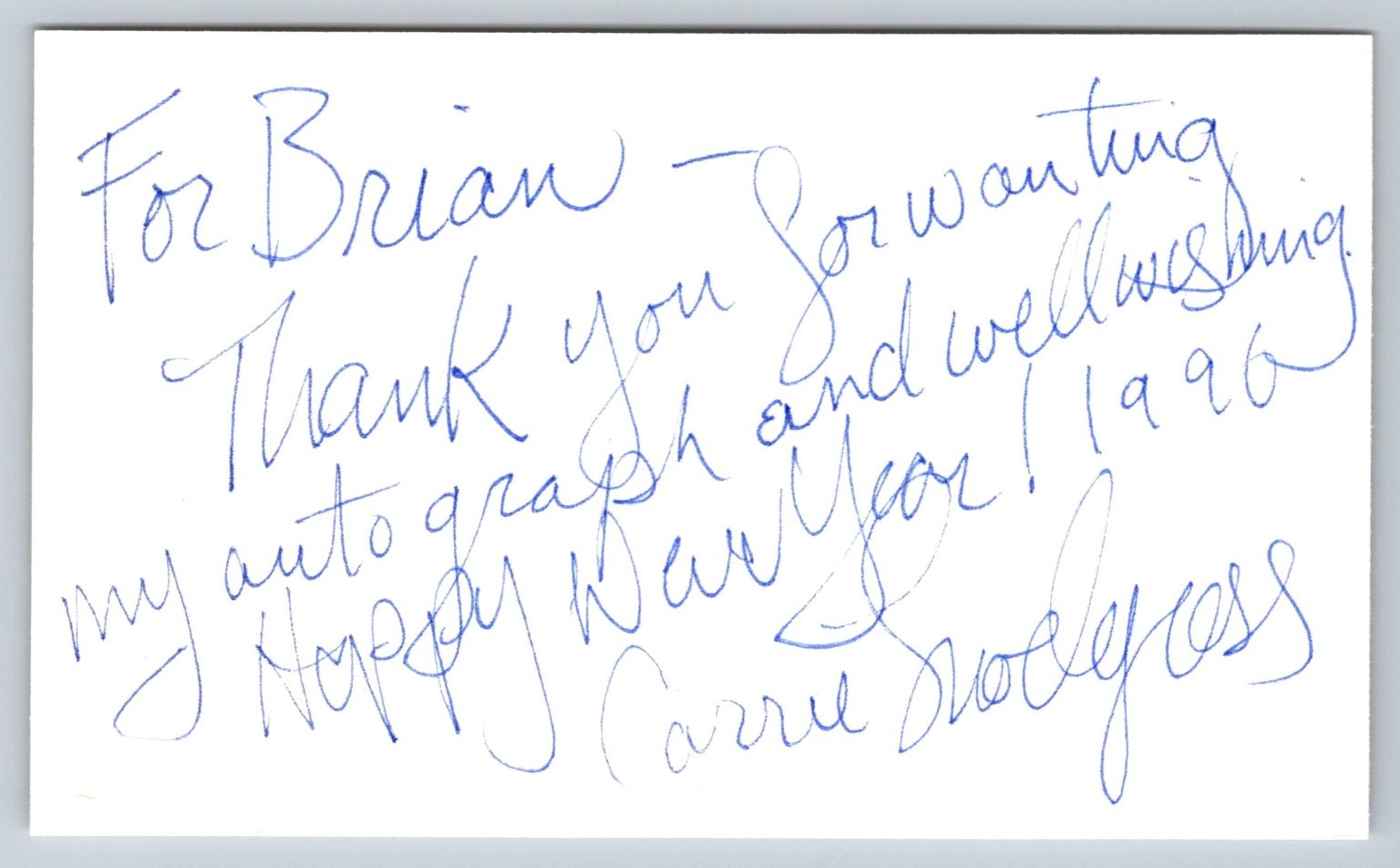 Carrie Snodgress Hand Signed Autograph Card 1996 Personalized for Brian