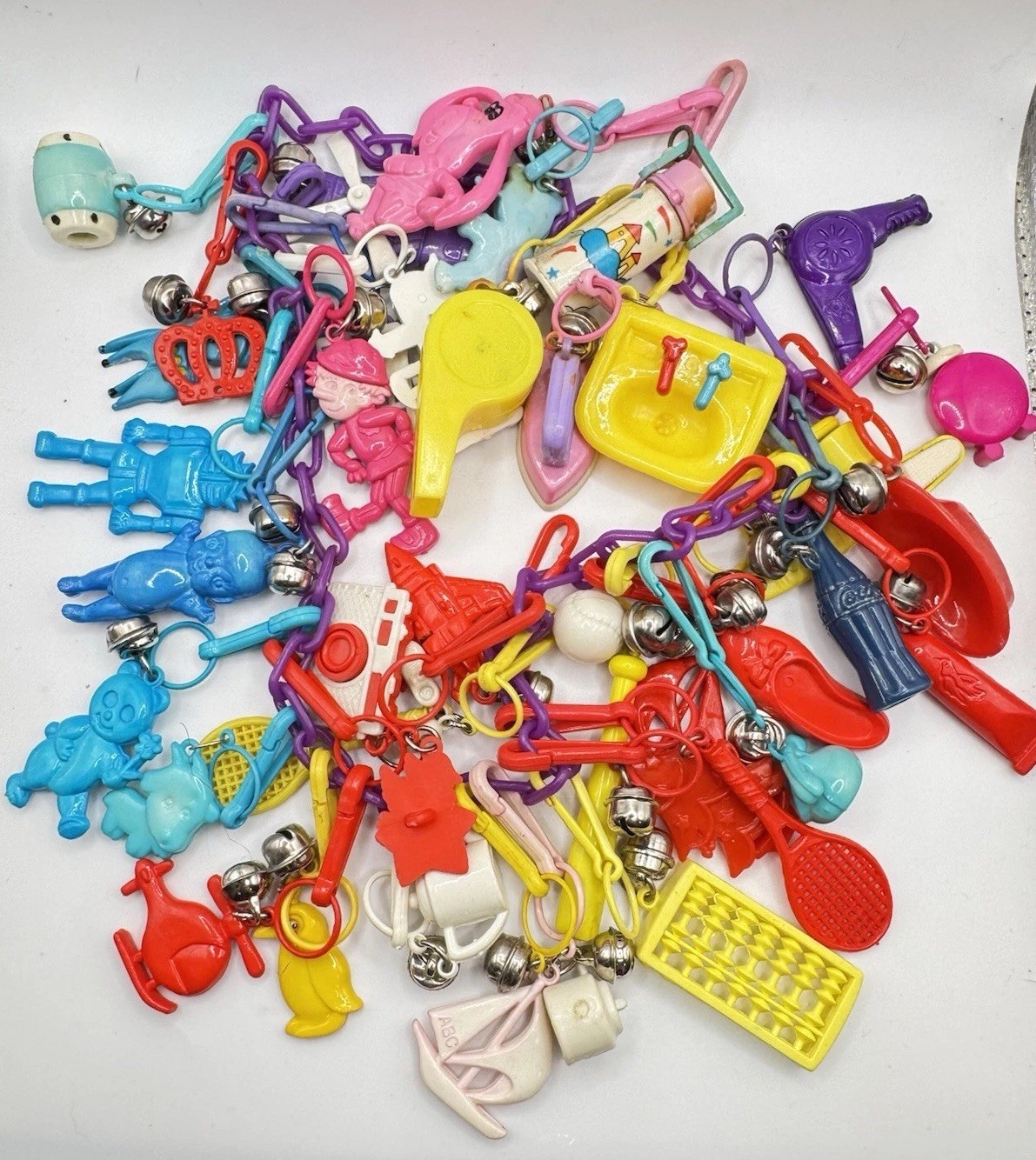 Vintage 1980s Retro Bell Clip On Charms Necklace Chain Plastic 39 Charms EUC Vintage 1980s Retro Bell Clip On Charms Necklace Chain Plastic 39 Charms EUC