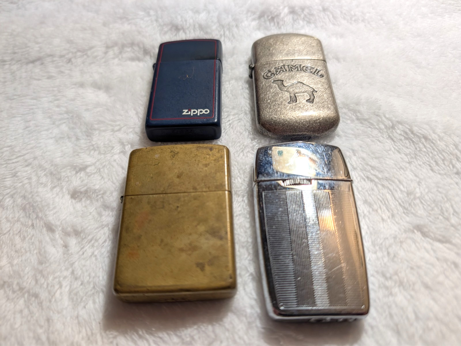 Vintage Lot Of 4 Lighters Zippo Solid Brass Slim Ronson Camel