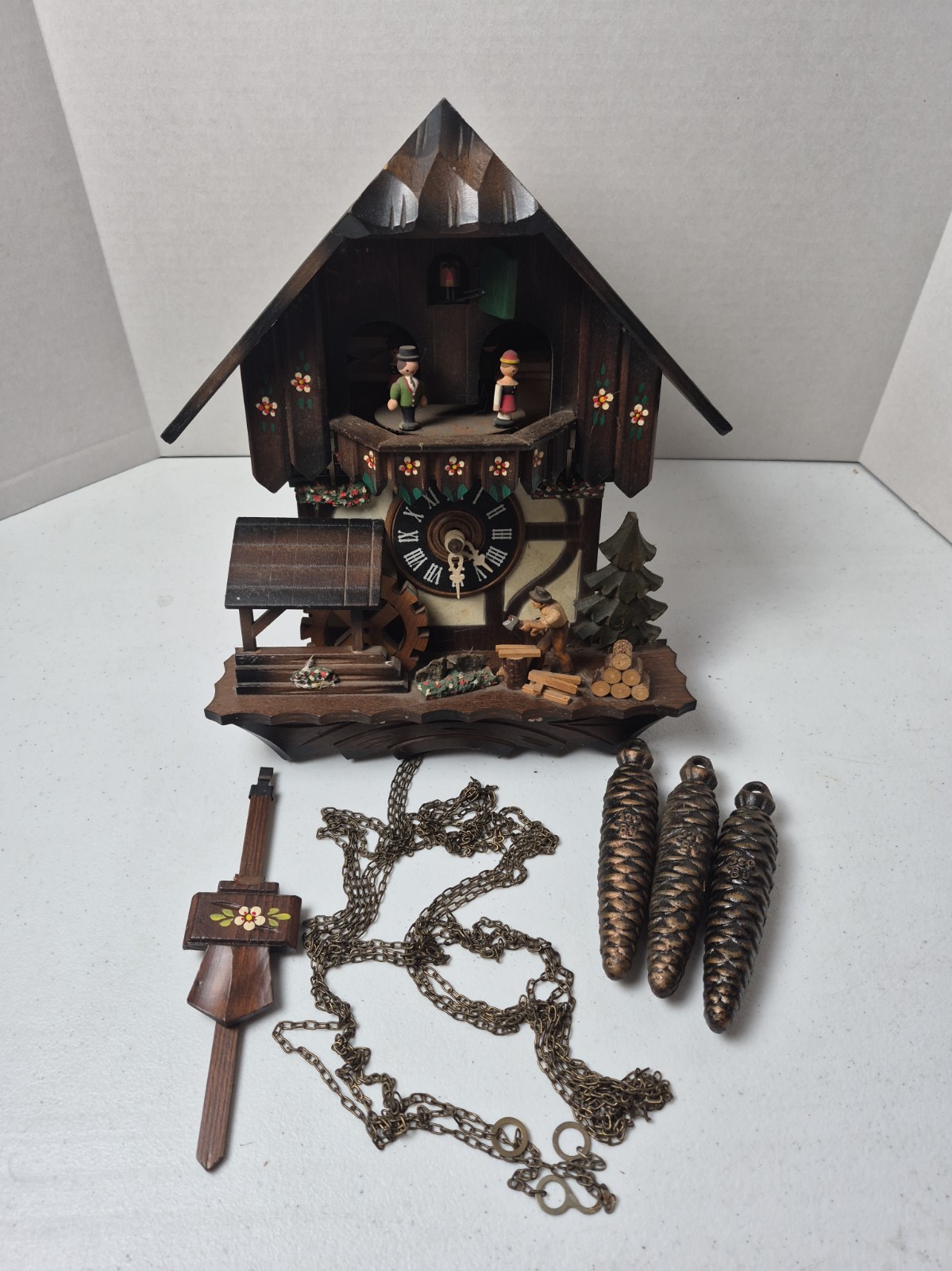 Vintage Regula 25 Cuckoo Clock 3 Weight Chalet Woodcutter Animation AS IS