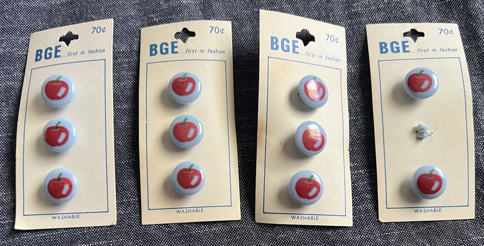 BGE Vintage Buttons 4 Cards 11 Buttons Shank Blue Red Apples Made in Japan