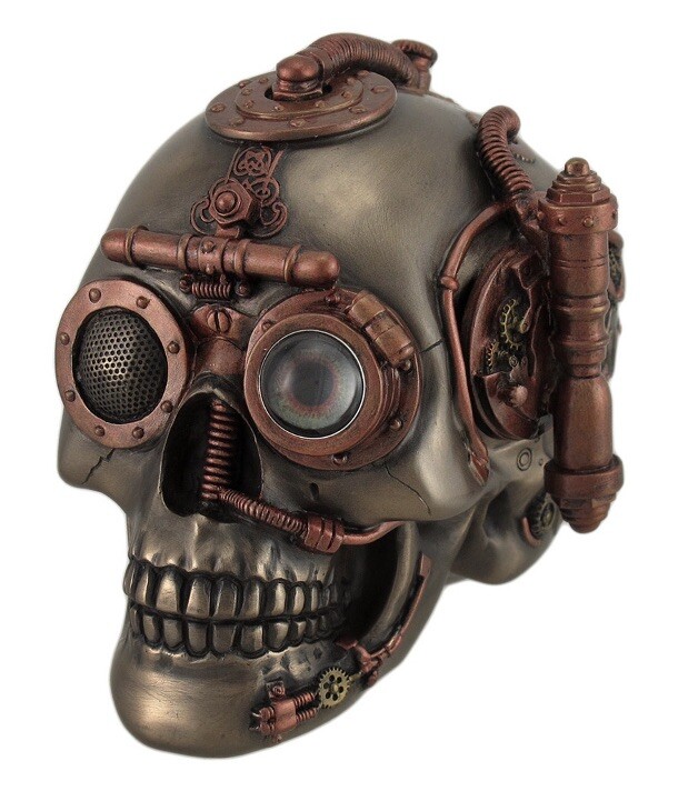 HIDDEN TRINKET BOX STEAMPUNK INDUSTRIAL AGE Human Skull Statue Bronze Color