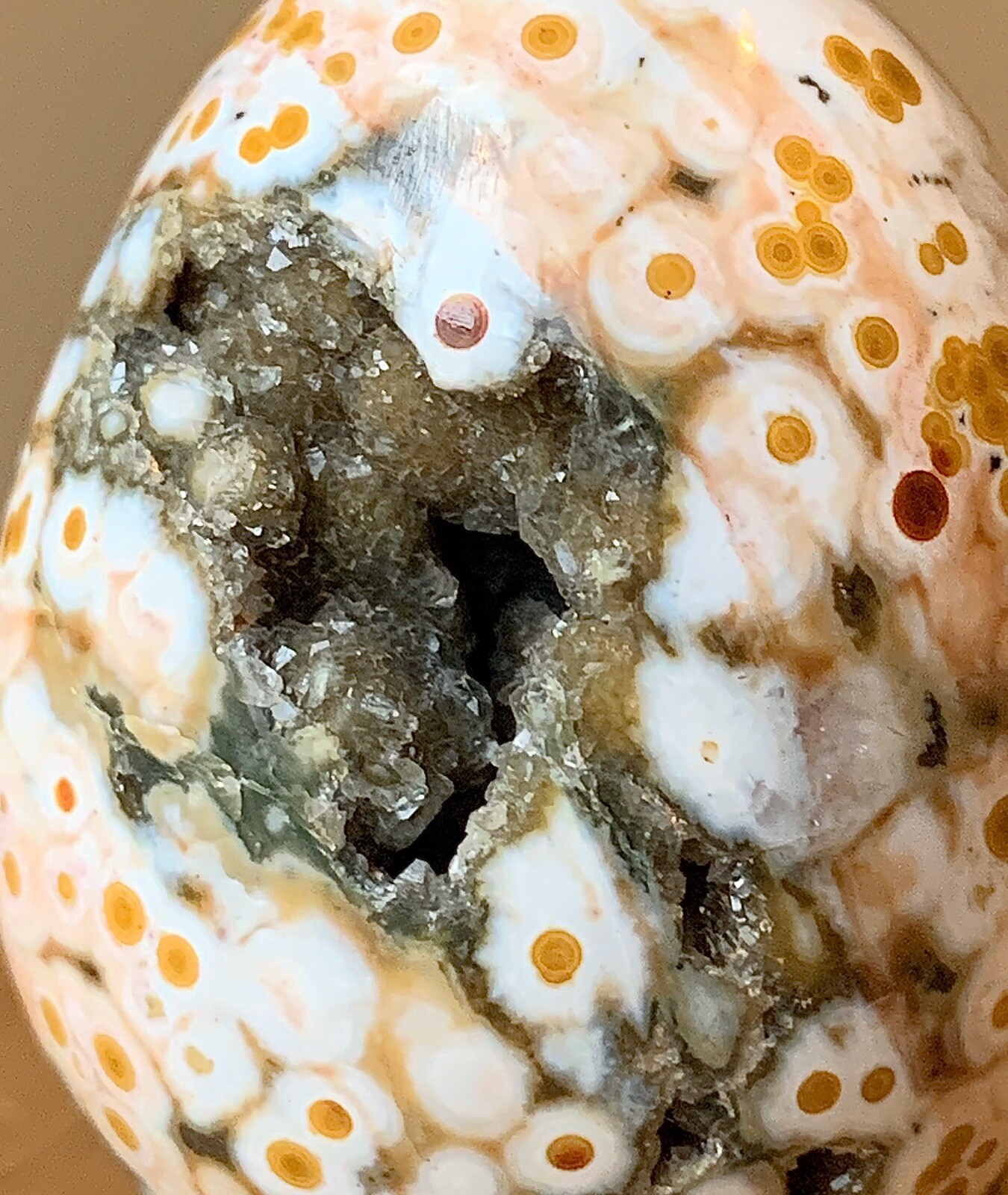 Gorgeous Ocean Sea Jasper Egg With Green Crystal Druzy Vugs 40mm