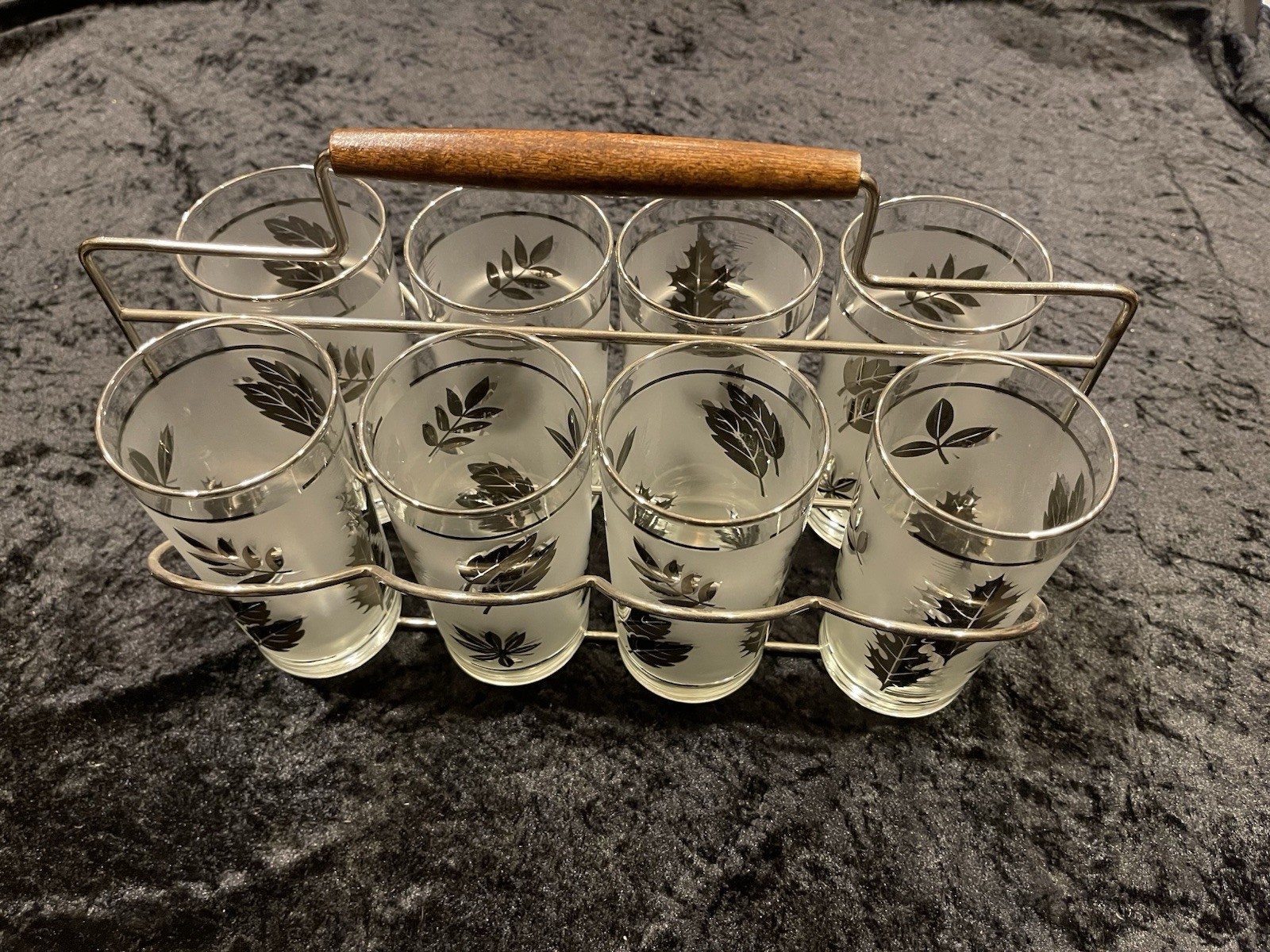 MCM 1970’s Libby Silver Foliage Tumbler Glasses And Carrier