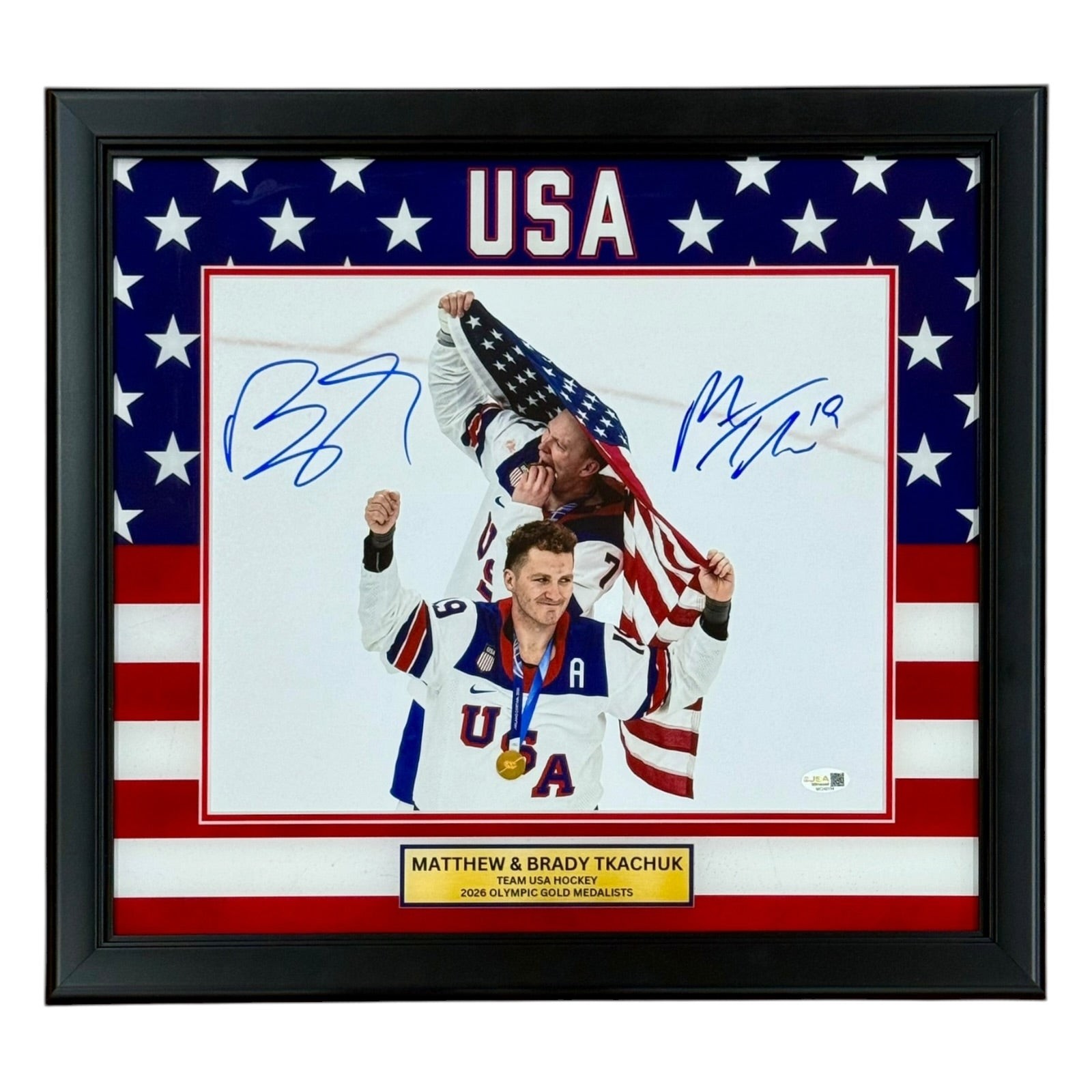 Matthew Tkachuk & Brady Tkachuk Autographed Deluxe Framed Team USA Olympic Gold Matthew Tkachuk & Brady Tkachuk Autographed Deluxe Framed Team USA Olympic Gold