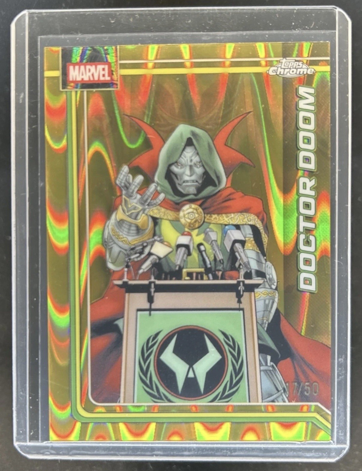 2026 Topps Chrome Marvel Comics Doctor Doom Gold RayWave Refractor #/50 2026 Topps Chrome Marvel Comics Doctor Doom Gold RayWave Refractor #/50
