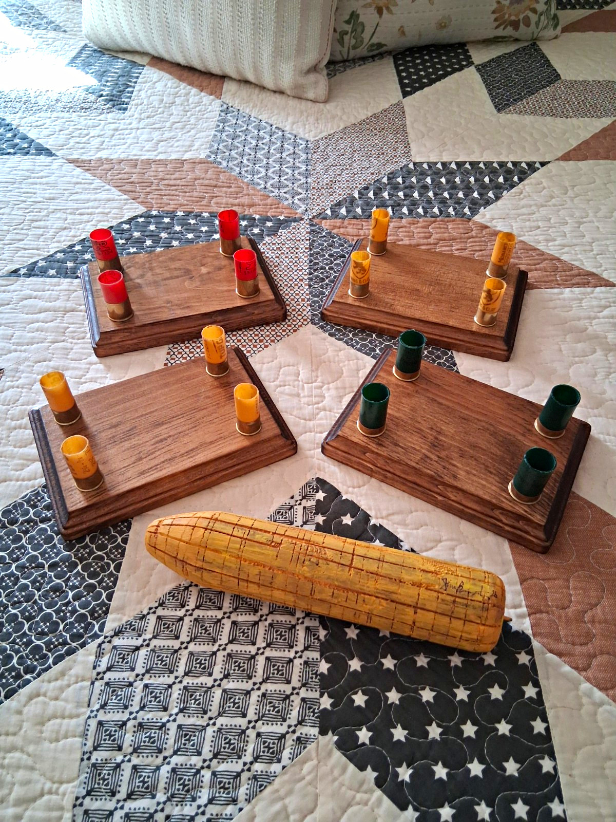 Handmade Rustic Wood & Brass Shotgun Shell Decoy Stands, Set of 4, 1 Field Corn